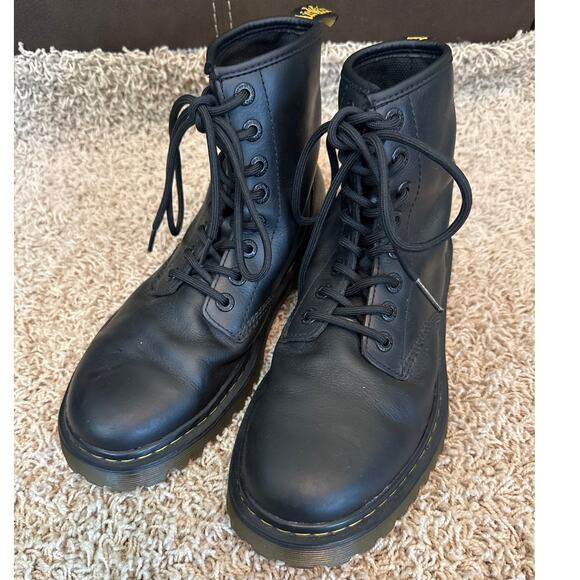 Dr. Martens Awley Combat Biker Boots Yellow Stitch Leather Size Men 8 Women 9